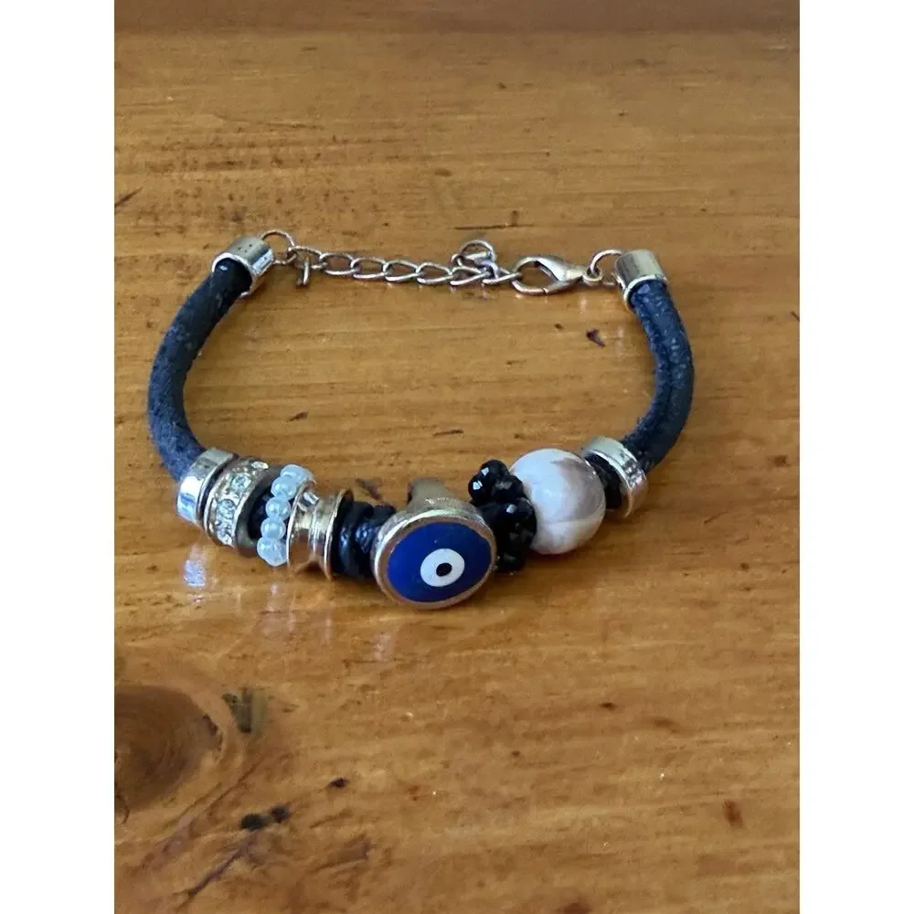 Evil Eye Charm Bracelet Black Cord Crystal Bead Protection Adjustable Fashion